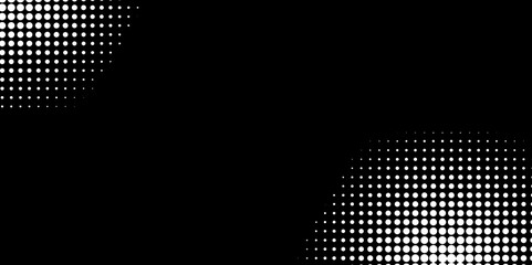 Poster - Abstract background with bright white halftone dots. Monochrome white and black halftone background with circles. Vector illustration. Shiny Polka Transparent Vector Black Background.