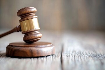 A wooden gavel rests on a weathered wooden table symbolizing justice and authority in the legal system