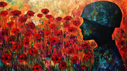 Poster - Abstract art featuring a soldier silhouette filled with poppies