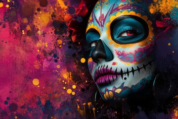 Wall Mural - Vibrant Day of the Dead Face Paint with Colorful Abstract Background