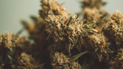 Detailed macro shot of dried cannabis buds arranged on a neutral background to emphasize the texture and natural beauty of the plant