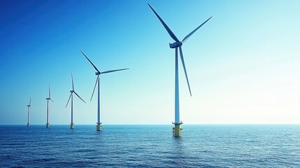 Wind turbines lined along the sea under a bright blue sky, symbolizing sustainability and clean energy at an offshore wind farm