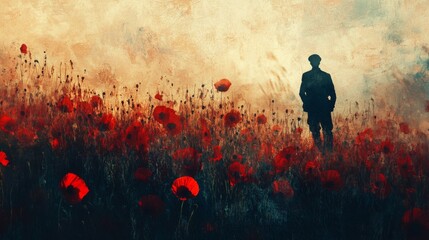 Wall Mural - Artistic depiction of a soldier shadow and a field of red poppies