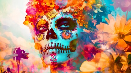 Sticker - Artistic double exposure of Dia de Muertos with a focus on vibrant colors