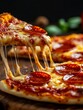 © Sanwa - A close-up shot of a pepperoni pizza with gooey cheese. The cheese is stretching out and dripping down the side of the pizza, showing how delicious and fresh it is.