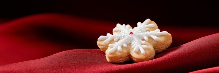 A delicate snowflake-shaped cookie, frosted in white with a red center, rests on a deep red fabric, symbolizing winter, Christmas, baking, sweetness, and celebration.