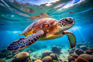 Wall Mural - Sea turtle swimming underwater with coral reef backdrop