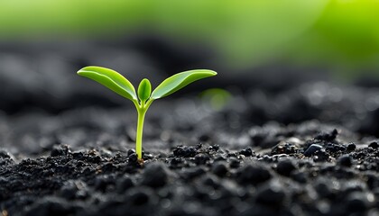 Emergence of a tiny green sprout from rich black soil