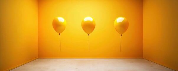 Three vibrant yellow balloons float against a bright yellow wall, creating a cheerful and lively atmosphere ideal for celebrations and joyful moments.