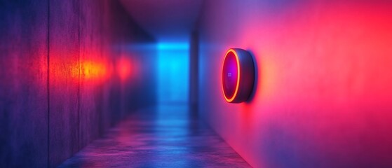 Wall Mural - A hallway lit in red and blue with a glowing round object on the wall.