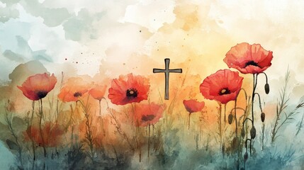 Poster - Creative watercolor illustration of a field of blooming poppies