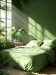 © Sanwa - A serene and inviting bedroom featuring a large bed with lush green bedding, bathed in natural sunlight streaming through a window. The room is decorated with leafy plants, creating a tranquil and nat
