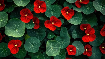 Wall Mural - Vibrant red nasturtium flowers with bright green leaves forming a natural pattern highlighting the bold contrast and texture of nature