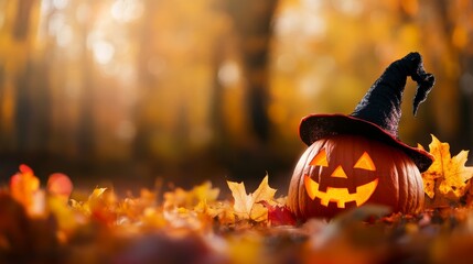 A smiling pumpkin wearing a witch's hat sits in a bed of autumn leaves, symbolizing the magic and joy of the season.