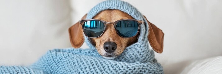 A stylish Dachshund wearing sunglasses and a cozy knit scarf, enjoying a relaxing moment on a soft white background. The dog's confident gaze, cool sunglasses, and cozy attire embody a sense of comfor