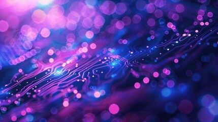 Wall Mural - Blue Cyber Background. Futuristic Technology Circuit with Purple Bokeh