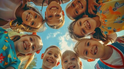 The picture of children playing together surrounding as group of friends with joyful posing. Kids gathering enjoy to celebrate or play childish game. Boys and girls gather for playful activity. AIG53.