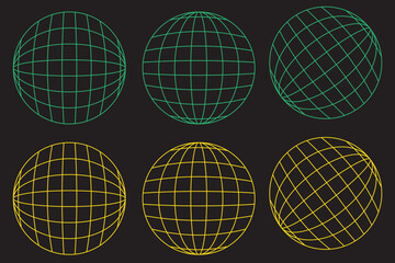 3d spheres globe earth. Linear globe grid in different angles.