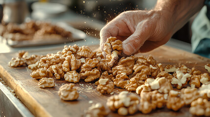 Hand cracking walnuts open on a wooden board, natural brain food, rich in healthy fats.