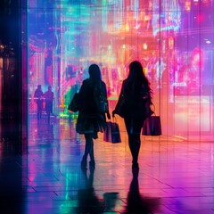 Poster - Two women walking down a street with neon lights and shopping bags