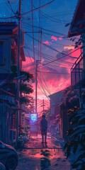 Wall Mural - A person walks down a street in a city at dusk