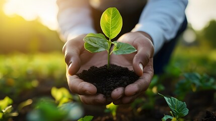 Hands Holding a Small Sapling with Soil in a Field