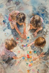 Wall Mural - A group of children are playing with marbles on a beach