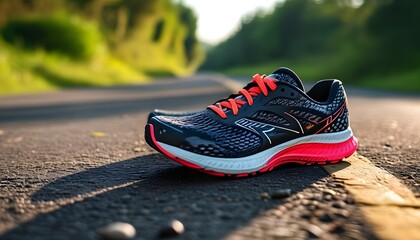 Wall Mural - Stylish running shoes placed on an empty road, symbolizing adventure and fitness explorations