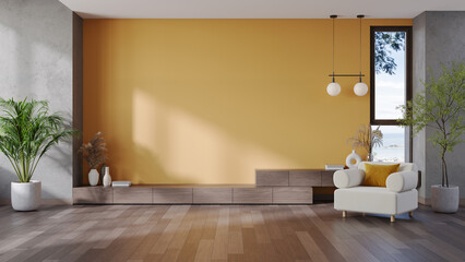 modern mid-century interior living room with white sofa and wooden tv cabinets on yellow wall .3dren