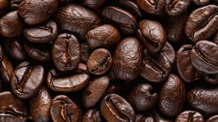 Wall Mural - Close up of coffee bean background, top view. Photorealistic high resolution macro photography for advertising or food design.