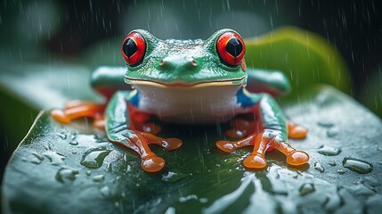 A red-eyed tree frog sits on a leaf in the rain.