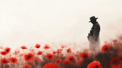 Poster - Clean white backdrop with a field of red poppies and a subtle soldier silhouette