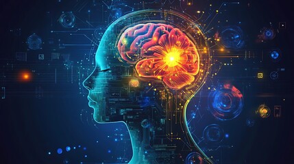 A digital illustration of a human head with a glowing brain inside, representing the concept of artificial intelligence.