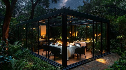 A chic dinner for two in a modern glasshouse, soft candlelight reflecting on glass walls, starry night sky visible through the ceiling, elegant table set with fine china and gourmet food,