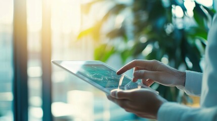 A person interacting with a tablet in a bright, modern workspace.