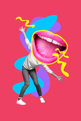 Wall Mural - Vertical photo collage of anonym girl dance instead head big lips plump sing scream lipgloss avatar isolated on painted background