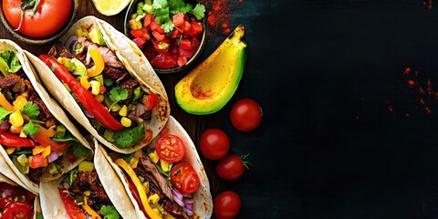 Mexican cuisine, vibrant tacos, colorful vegetables, soft tortillas, grilled meat, fresh herbs, cherry tomatoes, dark background, rustic wooden table, spicy seasoning, appetizing close-up, food photog