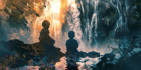 Wall Mural - Two children are sitting on a rock near a waterfall