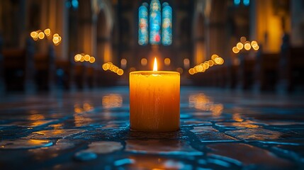 A single candle burning brightly in a church, with rows of pews and a stained glass window in the background.