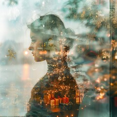 Canvas Print - a woman is standing in front of a christmas tree with a bunch of presents