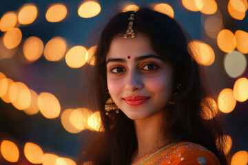 young woman wearing traditional sari and jewelry