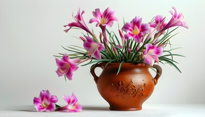 Wall Mural - Vibrant Amaryllis Blossoms in Intricately Designed Terracotta Pot against Crisp White Background