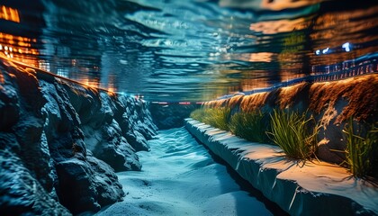 Underwater Soccer Extravaganza in Pool Stadium with Depth of Field and Ample Copy Space for Text