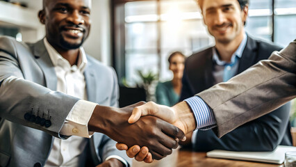 3D Candid Handshake Between Diverse Professionals in Casual Meeting - Symbolizing Workplace Equality in Office Setting