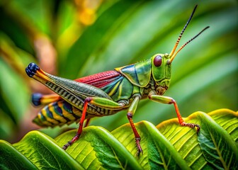 Wall Mural - A colorful grasshopper, featuring intricately designed leaf wings, perfectly disguises itself among the lush greenery,