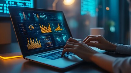 Data Analysis on a Laptop Screen in a Dimly Lit Room