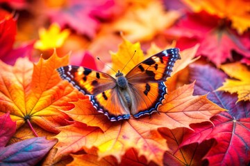 Poster - Butterfly resting on bed of colorful autumn leaves