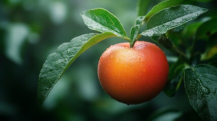 A single, ripe, red apple hangs from a branch with green leaves, glistening with dew drops after a rain shower.