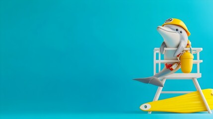 A dolphin wearing a lifeguard s uniform and whistle sitting on a modern lifeguard tower overlooking a tranquil tropical beach and ocean with a rescue board nearby