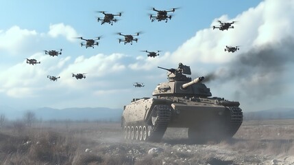 A futuristic tank surrounded by a swarm of defensive drones utilizing autonomous UAV systems to protect against enemy aerial assaults in a high tech combat scenario